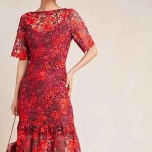 Anthropologie Eva Franco Brigitte Embroidered Red Lace Midi Dress, Size 10